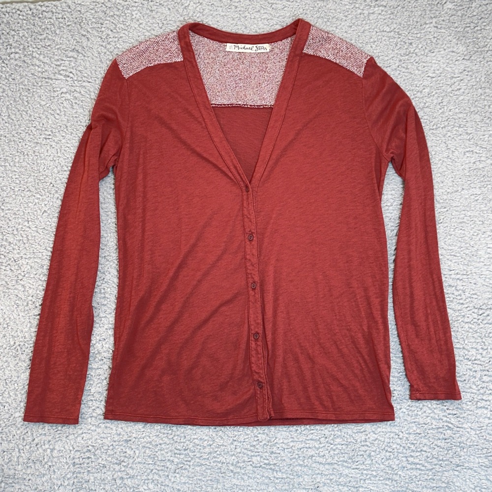 Michael Stars Contrast Knit Panel Top Rust Red Long Sleeve Button Relaxed M NWOT